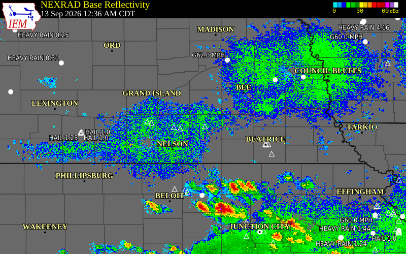 Current NEXRAD radar over Fillmore County, Nebraska with recent storm report locations