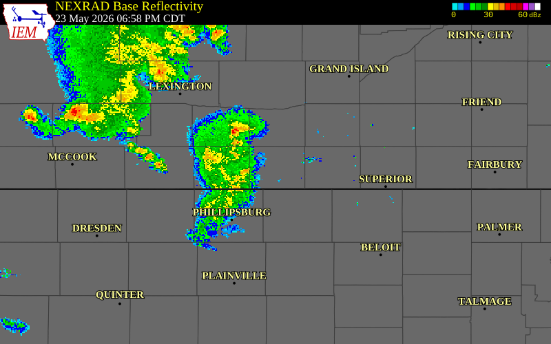 NEXRAD radar during the Saturday, May 23, 2026 storm activity in Franklin County, Nebraska