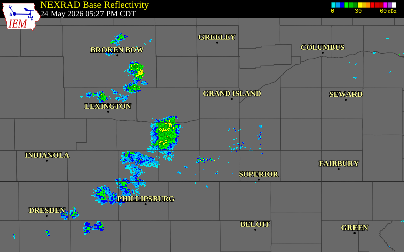 NEXRAD radar during the Sunday, May 24, 2026 storm activity in Franklin County, Nebraska
