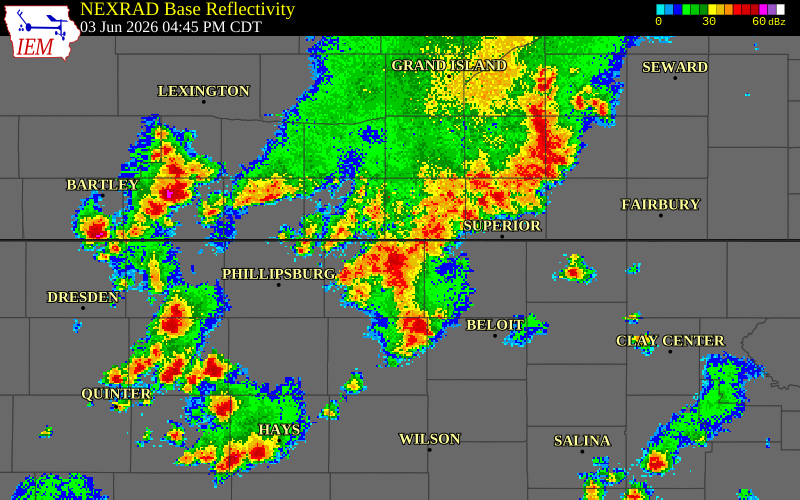 NEXRAD radar during the Wednesday, June 3, 2026 storm activity in Franklin County, Nebraska