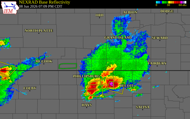 Radar snapshot during the Jun 8, 2026 wind event near 1 W Hildreth, Franklin County, Nebraska, with NWS warning polygons