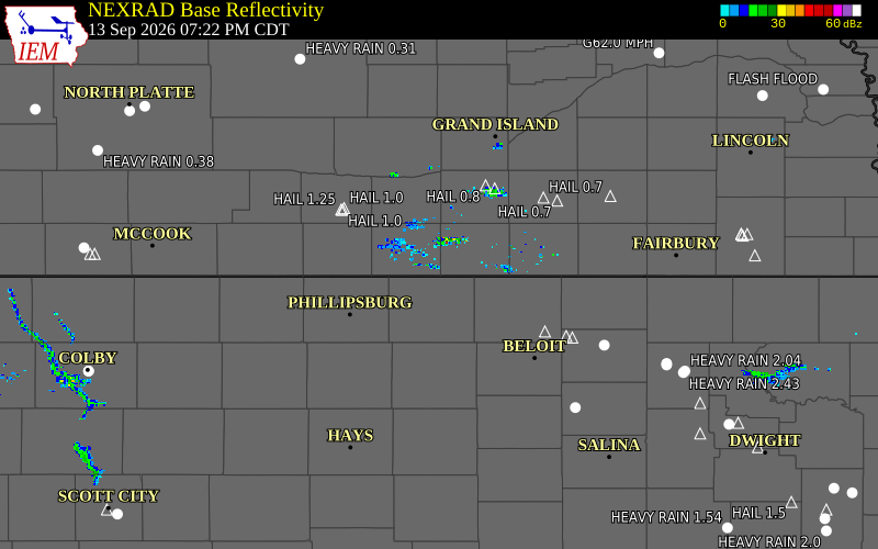 Current NEXRAD radar over Franklin County, Nebraska with recent storm report locations