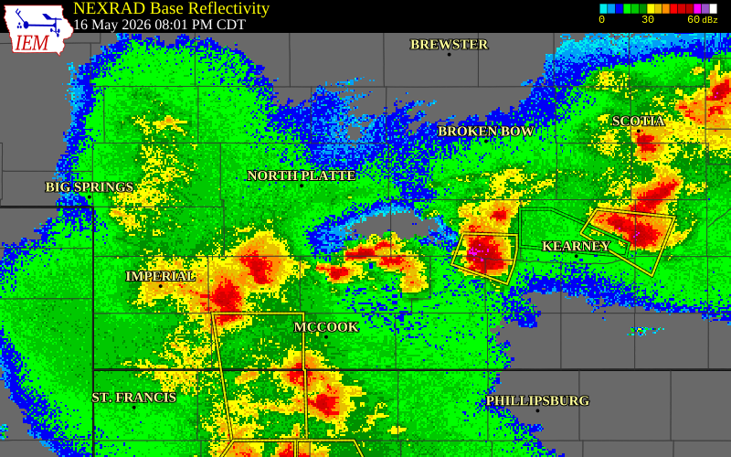 NEXRAD radar during the Saturday, May 16, 2026 storm activity in Frontier County, Nebraska