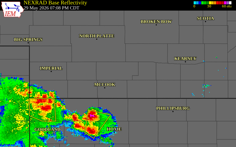 NEXRAD radar during the Friday, May 29, 2026 storm activity in Frontier County, Nebraska