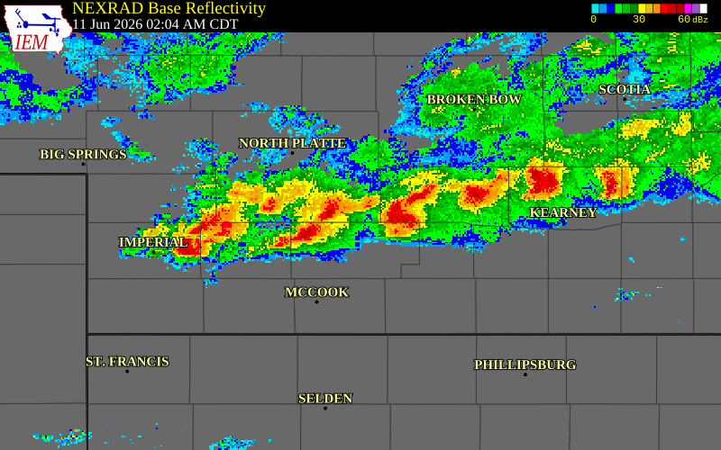 NEXRAD radar during the Thursday, June 11, 2026 storm activity in Frontier County, Nebraska