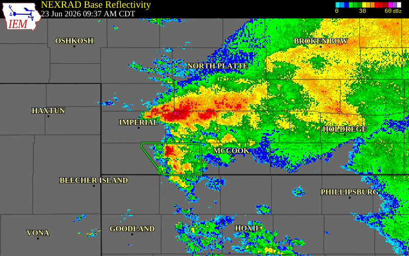 NEXRAD radar during the Tuesday, June 23, 2026 storm activity in Frontier County, Nebraska