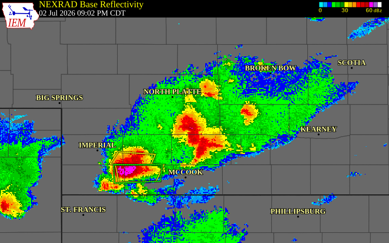 NEXRAD radar during the Thursday, July 2, 2026 storm activity in Frontier County, Nebraska