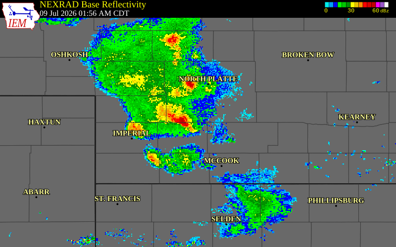 NEXRAD radar during the Thursday, July 9, 2026 storm activity in Frontier County, Nebraska