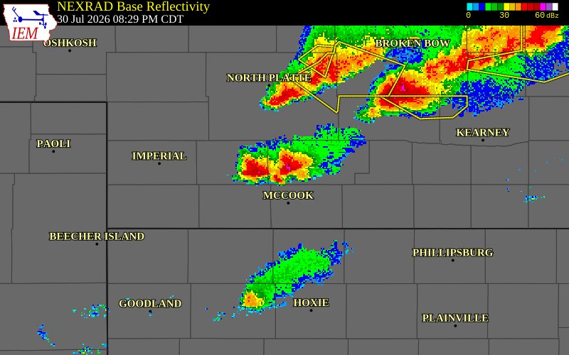 NEXRAD radar during the Thursday, July 30, 2026 storm activity in Frontier County, Nebraska