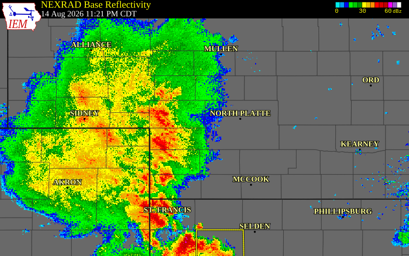 Radar snapshot during the Jul 3, 2026 wind event near Frontier County, Frontier County, Nebraska, with NWS warning polygons