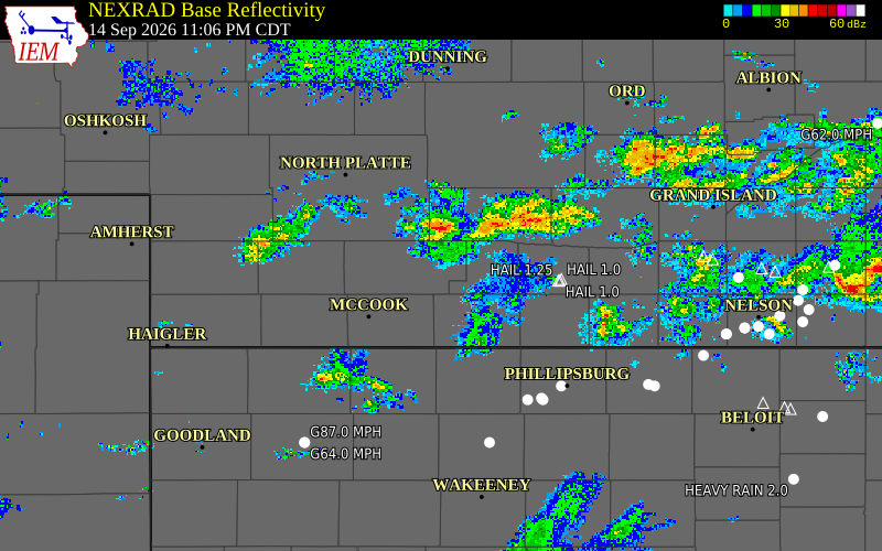 Current NEXRAD radar over Frontier County, Nebraska with recent storm report locations