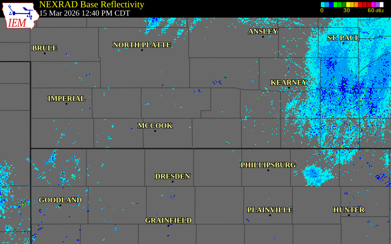 NEXRAD radar during the Sunday, March 15, 2026 storm activity in Furnas County, Nebraska