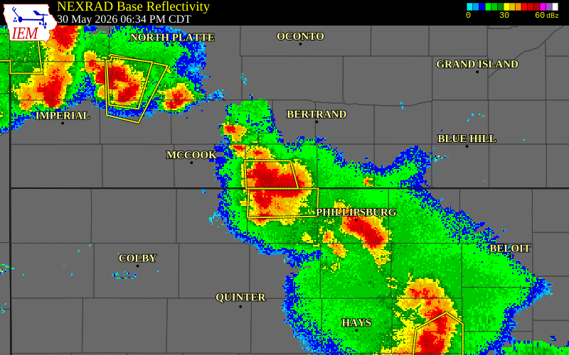 NEXRAD radar during the Saturday, May 30, 2026 storm activity in Furnas County, Nebraska