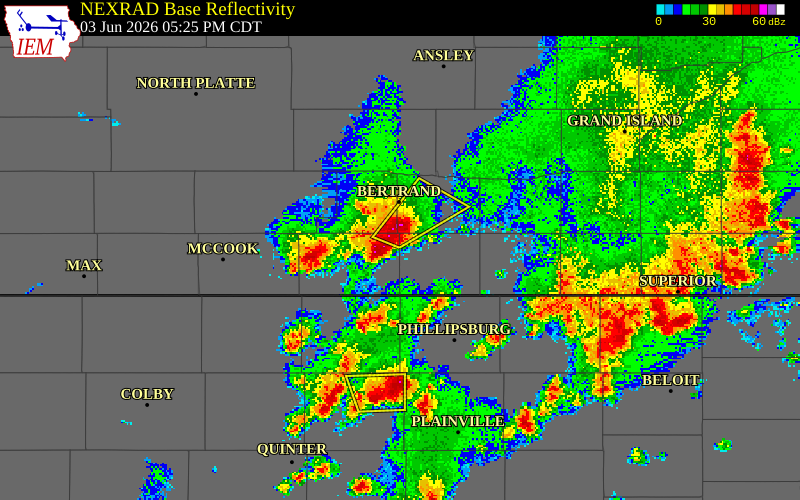 NEXRAD radar during the Wednesday, June 3, 2026 storm activity in Furnas County, Nebraska