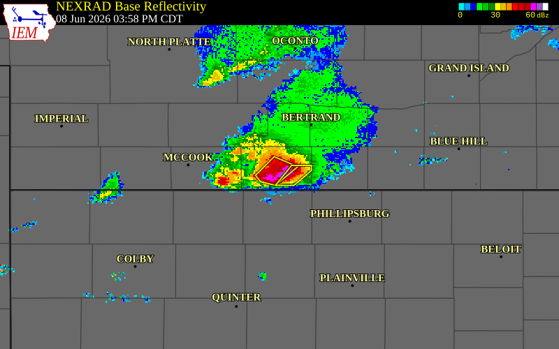 NEXRAD radar during the Monday, June 8, 2026 storm activity in Furnas County, Nebraska