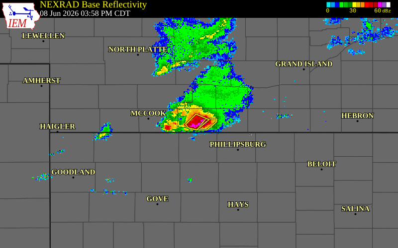 Radar snapshot during the Jun 8, 2026 hail event near 4 W Beaver City, Furnas County, Nebraska, with NWS warning polygons