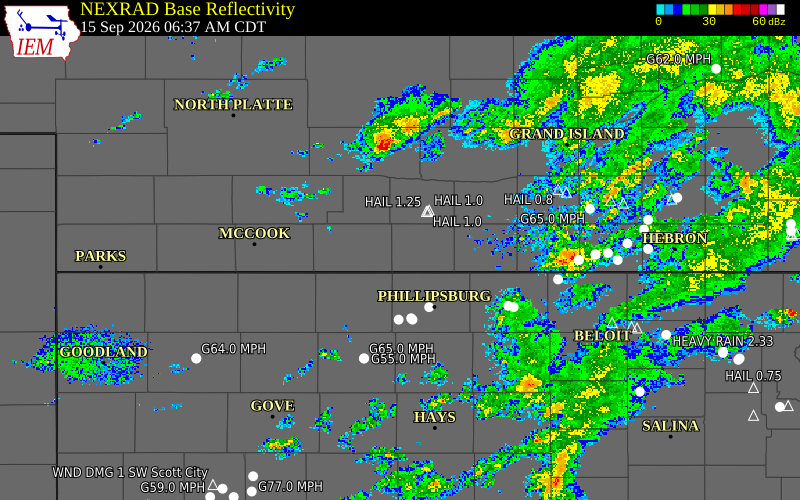 Current NEXRAD radar over Furnas County, Nebraska with recent storm report locations