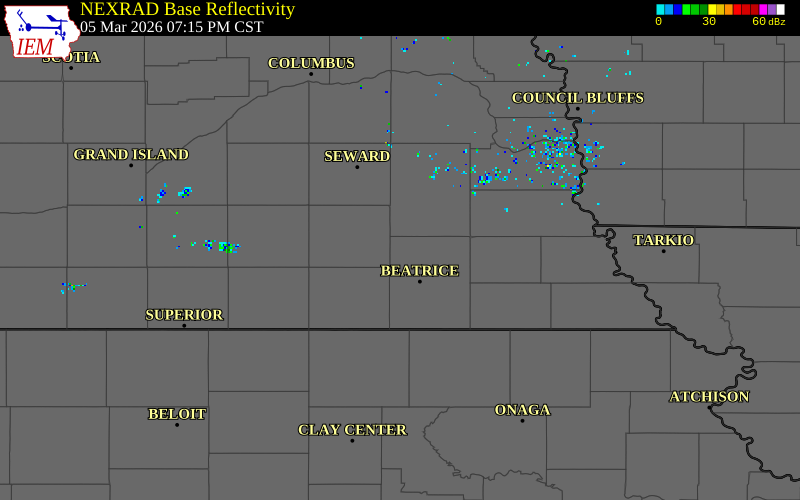 NEXRAD radar during the Thursday, March 5, 2026 storm activity in Gage County, Nebraska