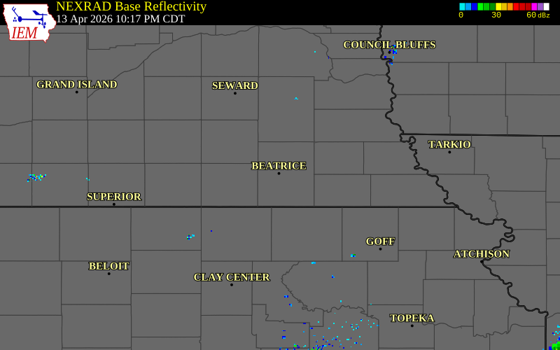 NEXRAD radar during the Monday, April 13, 2026 storm activity in Gage County, Nebraska