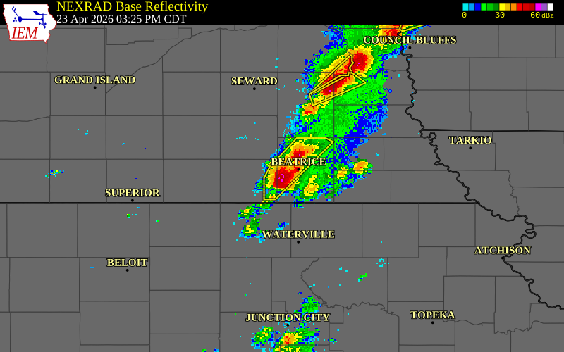 NEXRAD radar during the Thursday, April 23, 2026 storm activity in Gage County, Nebraska