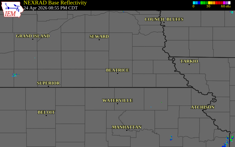 NEXRAD radar during the Friday, April 24, 2026 storm activity in Gage County, Nebraska
