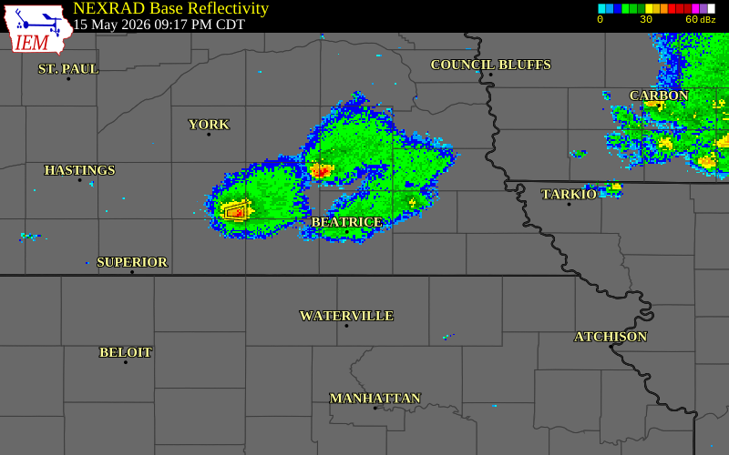 NEXRAD radar during the Friday, May 15, 2026 storm activity in Gage County, Nebraska