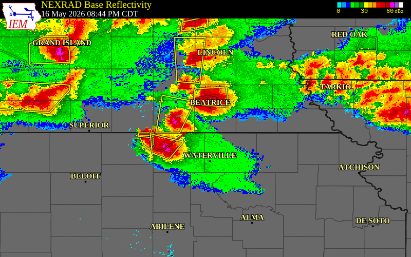 NEXRAD radar during the Saturday, May 16, 2026 storm activity in Gage County, Nebraska
