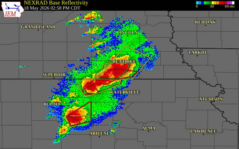 NEXRAD radar during the Monday, May 18, 2026 storm activity in Gage County, Nebraska