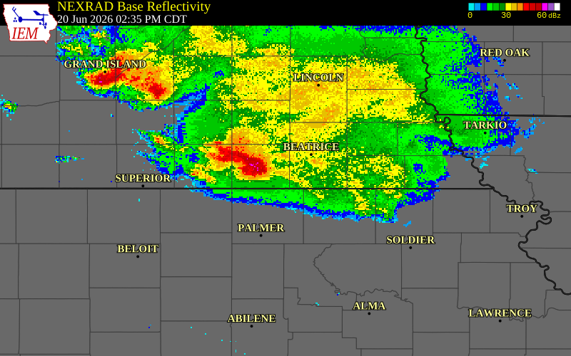NEXRAD radar during the Saturday, June 20, 2026 storm activity in Gage County, Nebraska