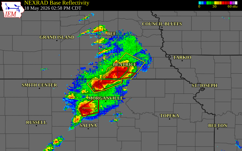 Radar snapshot during the May 18, 2026 tornado event near 3 NW Odell, Gage County, Nebraska, with NWS warning polygons