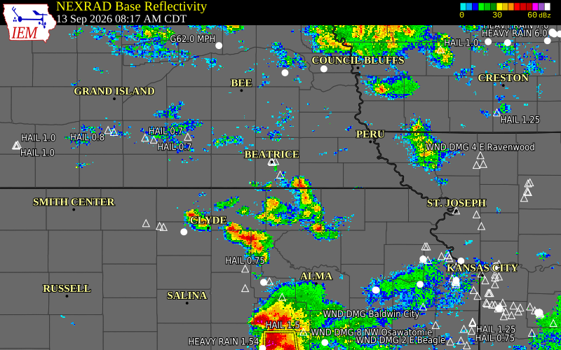 Current NEXRAD radar over Gage County, Nebraska with recent storm report locations