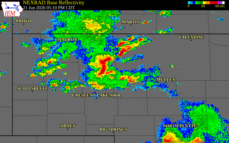 NEXRAD radar during the Sunday, June 21, 2026 storm activity in Garden County, Nebraska