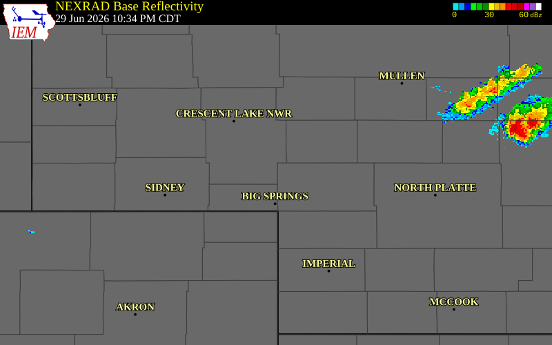 NEXRAD radar during the Monday, June 29, 2026 storm activity in Garden County, Nebraska