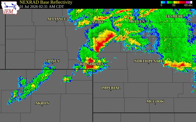 NEXRAD radar during the Wednesday, July 1, 2026 storm activity in Garden County, Nebraska