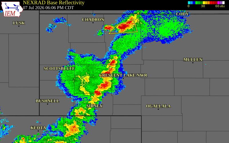 NEXRAD radar during the Tuesday, July 7, 2026 storm activity in Garden County, Nebraska