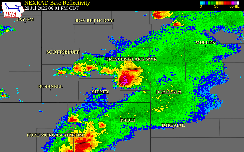 NEXRAD radar during the Tuesday, July 28, 2026 storm activity in Garden County, Nebraska