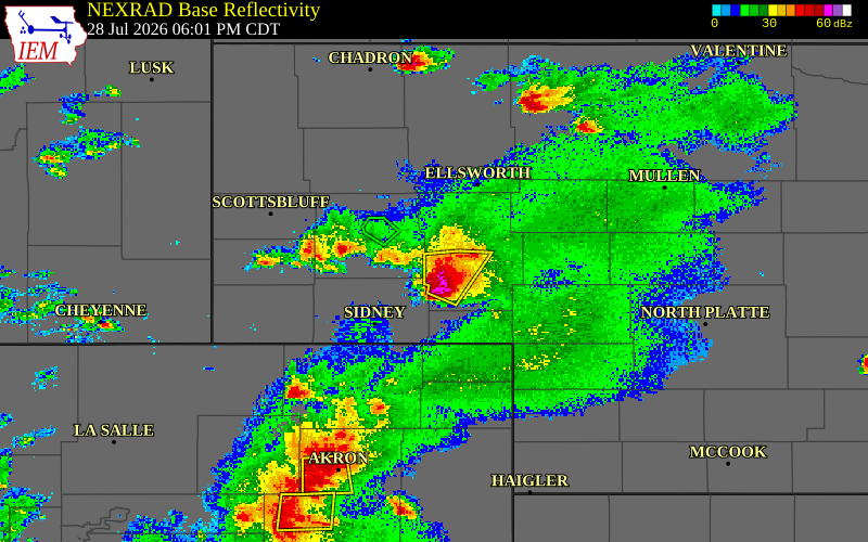 Radar snapshot during the Jul 28, 2026 hail event near 2 ESE Lisco, Garden County, Nebraska, with NWS warning polygons