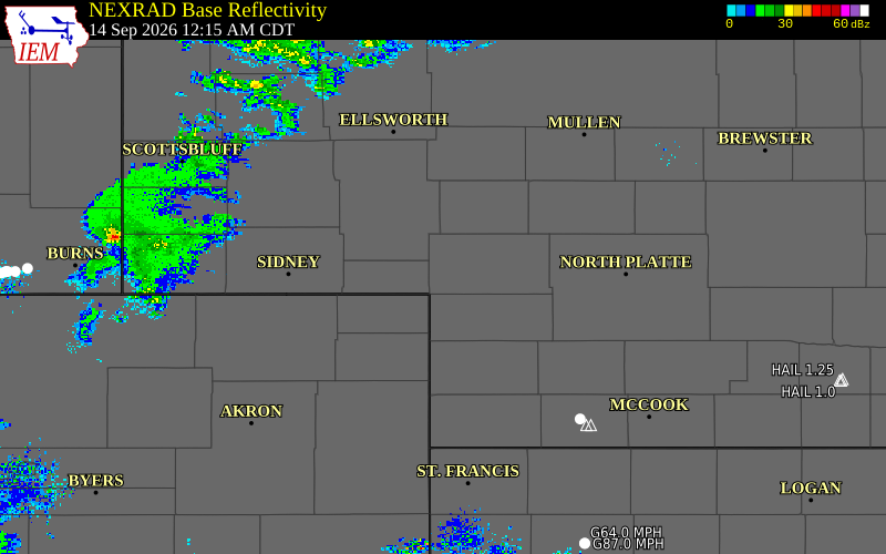 Current NEXRAD radar over Garden County, Nebraska with recent storm report locations