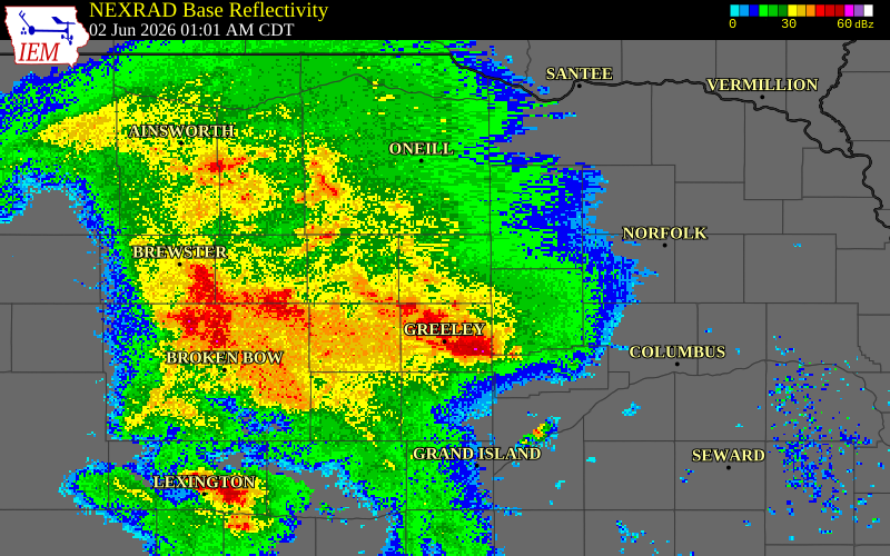 NEXRAD radar during the Tuesday, June 2, 2026 storm activity in Garfield County, Nebraska