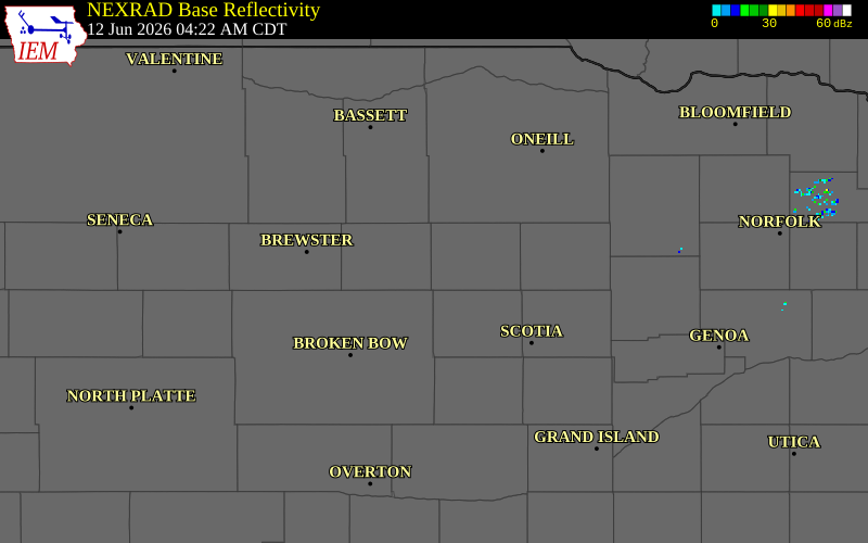 NEXRAD radar during the Friday, June 12, 2026 storm activity in Garfield County, Nebraska