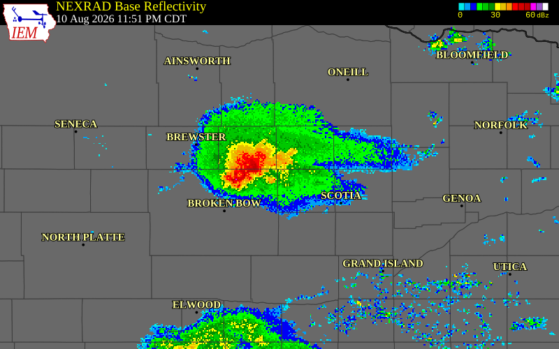 NEXRAD radar during the Monday, August 10, 2026 storm activity in Garfield County, Nebraska