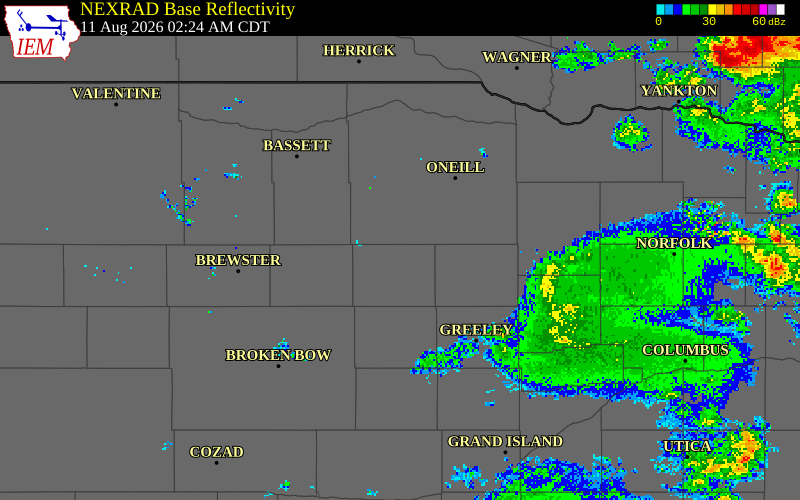 NEXRAD radar during the Tuesday, August 11, 2026 storm activity in Garfield County, Nebraska