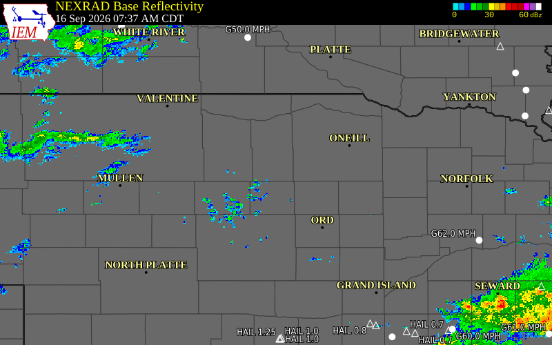 Current NEXRAD radar over Garfield County, Nebraska with recent storm report locations