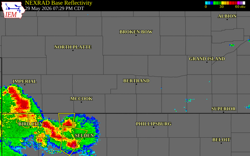 NEXRAD radar during the Friday, May 29, 2026 storm activity in Gosper County, Nebraska