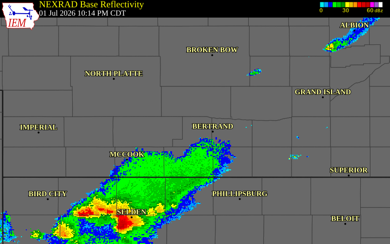 NEXRAD radar during the Wednesday, July 1, 2026 storm activity in Gosper County, Nebraska