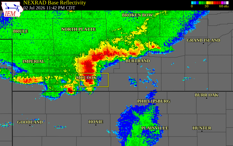 NEXRAD radar during the Thursday, July 2, 2026 storm activity in Gosper County, Nebraska
