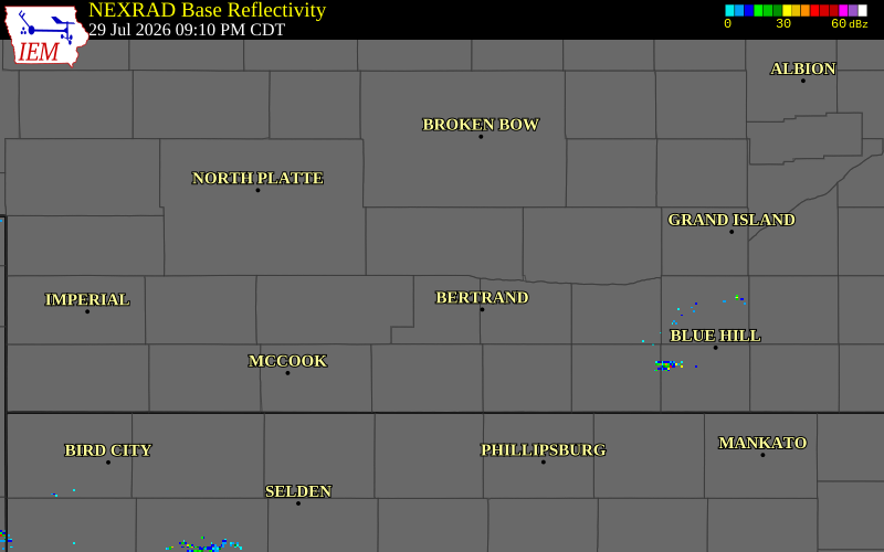NEXRAD radar during the Wednesday, July 29, 2026 storm activity in Gosper County, Nebraska