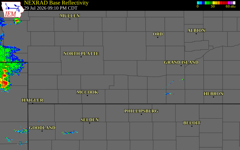 Radar snapshot during the Jul 29, 2026 wind event near 1 NNE Johnson Lake, Gosper County, Nebraska, with NWS warning polygons