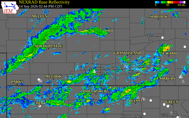 Current NEXRAD radar over Gosper County, Nebraska with recent storm report locations