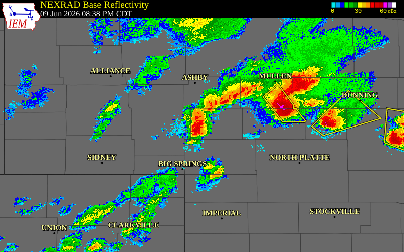 NEXRAD radar during the Tuesday, June 9, 2026 storm activity in Grant County, Nebraska